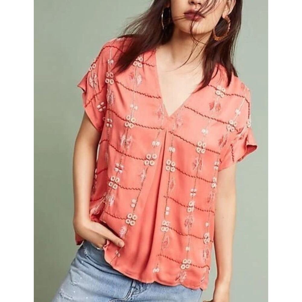 Anthropologie Coral Pink Embroidered V-Neck Blouse Top Small Boho